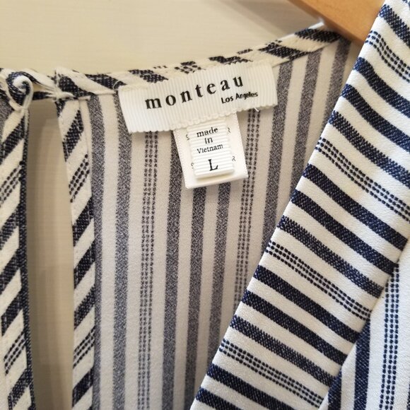 Monteau Navy Striped Short Sleeve Jumpsuit Romper w/Belt & Pockets * Size Large - Picture 8 of 8